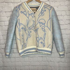 Q’s Women’s Unique Bird Jacket Blue Suede Sleeves Zip up size 36